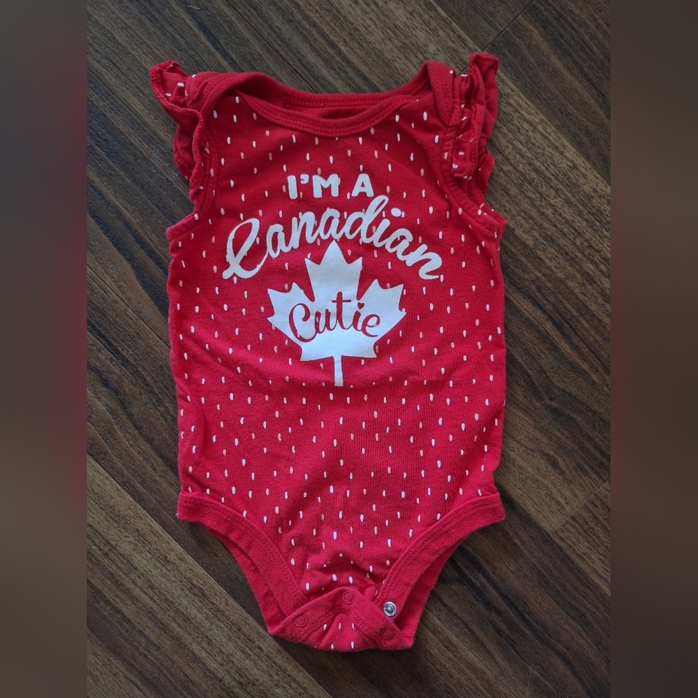 5/$20 George Im A Canadian Girl Red and White Polka Dot Bodysuit with Maple Leaf